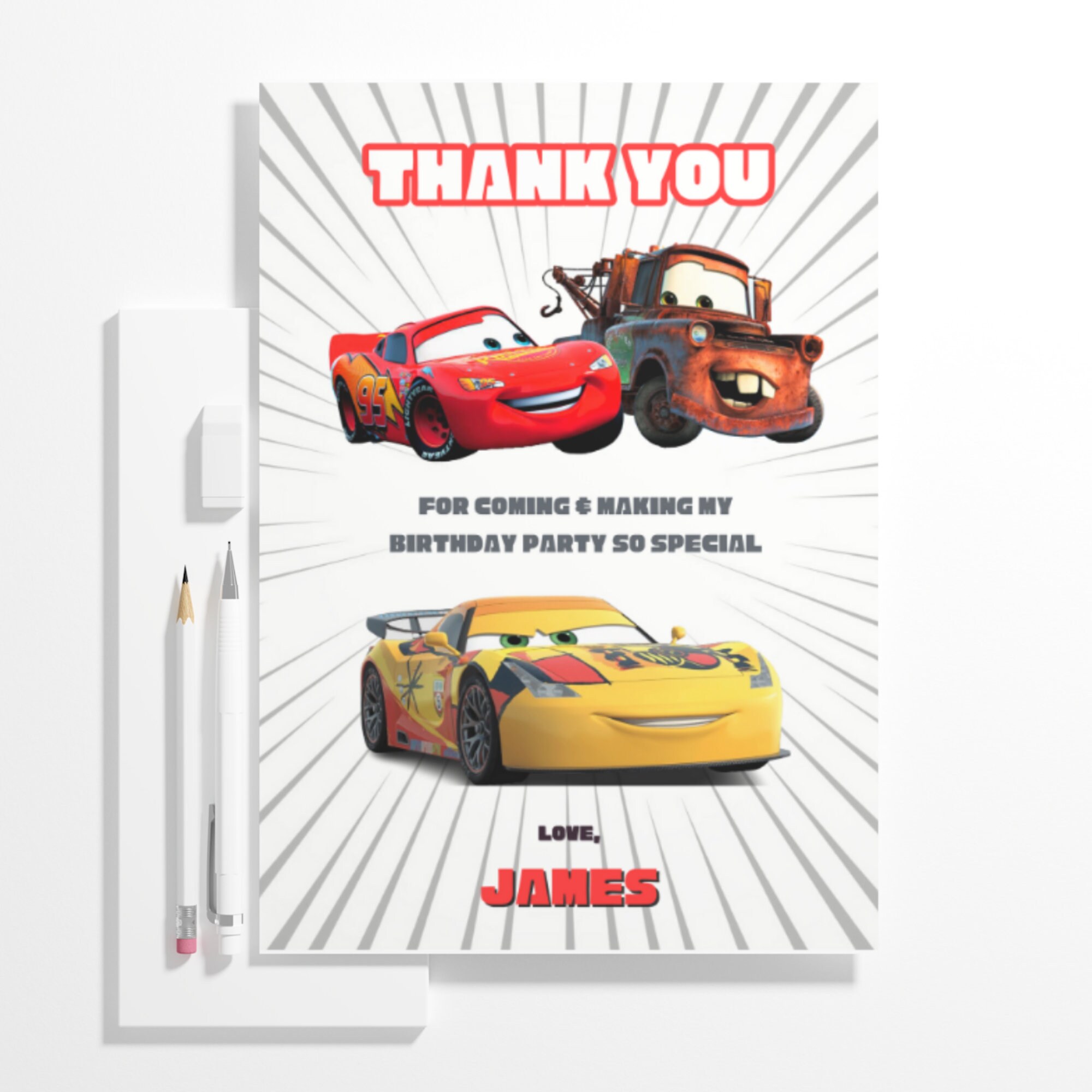Editable Cars Thank You Cards, Printable Cars Birthday Thank You Card ...