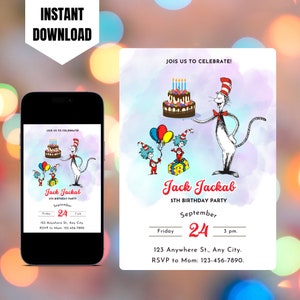 Editable Dr Seuss Birthday Invitation, Printable Dr Seuss Invite, Digital Dr Seuss Invitation Template, Kids Birthday Invite