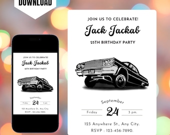 Editable Lowrider Birthday Invitation: Black & White Canva Template