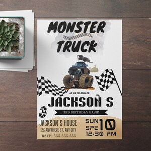 Editable Monster Truck Racing Birthday Invite , Printable Monster Splash Birthday Party Invitation, Digital Monster Truck Invite Template