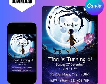 Editable Coraline Invitation Canva, Printable Coraline Birthday Invitation Card, Coraline Birthday Party, Digital Coraline Birthday Invite