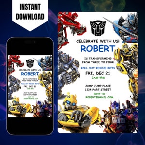 Modèle d'Invitation d'anniversaire modifiable Rescue Bots Transformers, Invitation imprimable Rescue Bots, Invitation d'anniversaire numérique Autobots