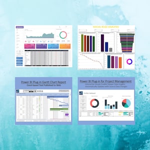 K&ouml;nnte beinhalten: Vier Datenanalyse-Diagramme mit Grafiken, Tabellen und Diagrammen. Die Diagramme zeigen Datenvisualisierungen mit Titeln wie "Dashboard" und "Social Buzz Analysis". Die unteren Diagramme sind mit "Power BI Plug-in Gantt Chart Report" und "Power BI Plug-in for Project Management" beschriftet.