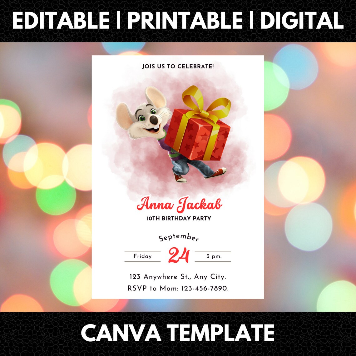 Editable Chuck E Cheese Birthday Invitation, Printable Mouse Invite ...
