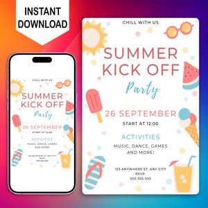 Bearbeitbare Sommer Kick Off Party einladen, Digitales Ende der Sommerparty Einladung, druckbare Kinder Hallo Sommerparty laden Canva Vorlage ein