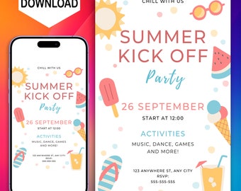 Invitación editable para la fiesta de inicio del verano: ¡Hola, niños! (Plantilla de Canva, descarga digital)