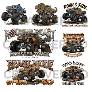 May include: Collection of monster truck designs with various themes. Includes a shark-themed truck, a dinosaur-themed truck, and trucks with text that reads "Roar & Ride", "Monster Truck", "Beast Mode", "Off-Road Wild", and "Unleash the Power".