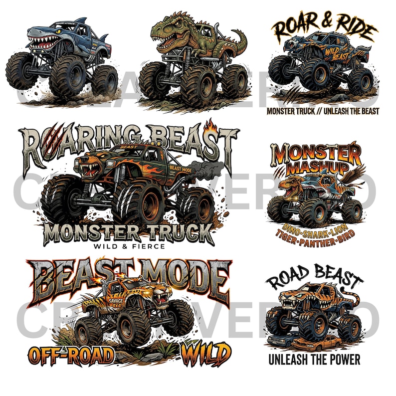 May include: Collection of monster truck designs with various themes. Includes a shark-themed truck, a dinosaur-themed truck, and trucks with text that reads "Roar & Ride", "Monster Truck", "Beast Mode", "Off-Road Wild", and "Unleash the Power".