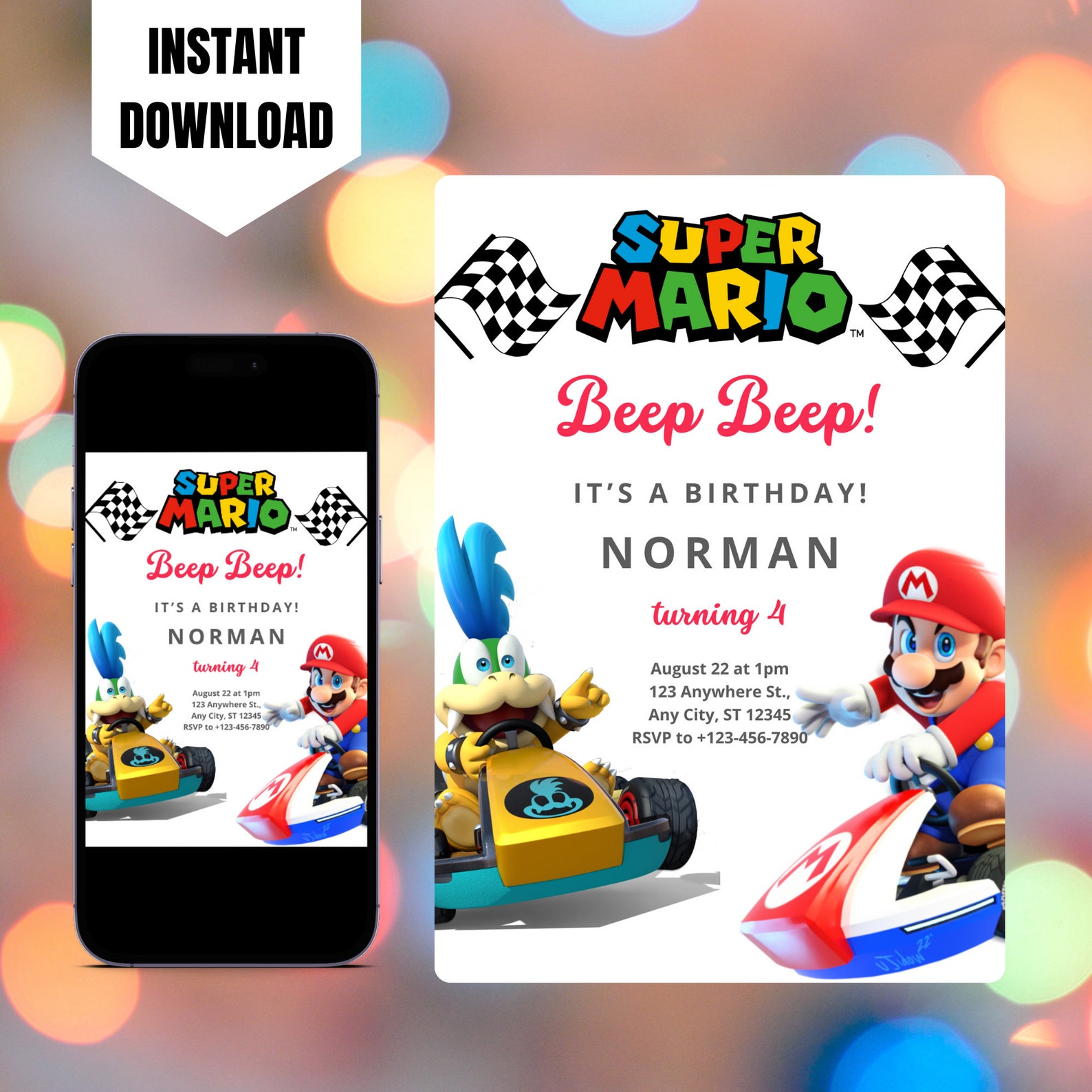 Editable Mario Kart Invite, Printable Super Mario Birthday Invitation ...