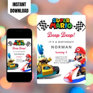 Invitation modifiable de Mario Kart, Invitation d'anniversaire imprimable de Super Mario, Invitation numérique de Mario, modèle d'invitation d'anniversaire de Mario Kart