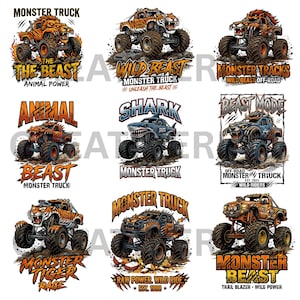 May include: Nine colorful monster truck designs with various animal-themed graphics, including a lion, tiger, and shark. Each design features bold text like "The Beast," "Wild Beast," and "Monster Truck," with off-road themes.