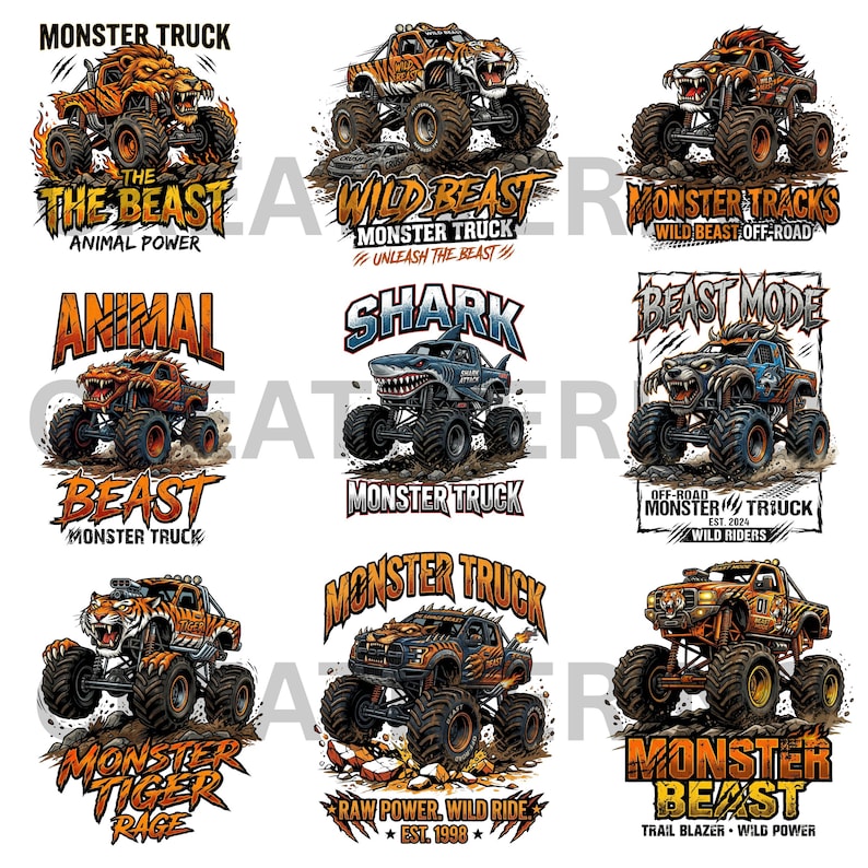 May include: Nine colorful monster truck designs with various animal-themed graphics, including a lion, tiger, and shark. Each design features bold text like "The Beast," "Wild Beast," and "Monster Truck," with off-road themes.