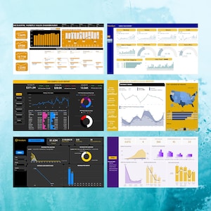 K&ouml;nnte beinhalten: Eine Sammlung digitaler Dashboards mit Datenvisualisierungen. Die Dashboards zeigen Diagramme, Grafiken und numerische Daten, einschlie&szlig;lich Verkaufszahlen, Umsatztrends und regionale Leistung. Das Farbschema umfasst Gelb, Schwarz, Blau und Lila.