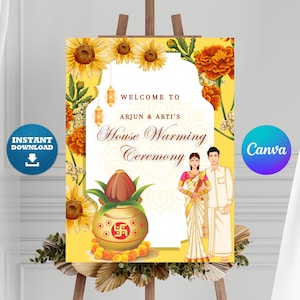 Bewerkbaar Indian Housewarming-welkomstbord, Gruhapravesham-uitnodiging, digitale Griha Pravesh-uitnodiging, Gruha Pravesham-uitnodigingssjabloon