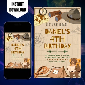 Modèle modifiable d'invitation d'anniversaire d'aventure d'explorateur, invitation imprimable de chasse au trésor, invitation numérique de camping, invitation d'anniversaire d'enfants