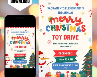 Peut inclure: Flyer numérique pour la 3e collecte de jouets Merry Christmas de l'école élémentaire de Sacramento. Le flyer présente un bonhomme de neige, un sapin de Noël et des illustrations de cadeaux. Détails: 3 décembre, 10h à 16h.