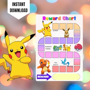 Pokemon Belohnungstabelle, druckbare Pokemon Verhaltenstabelle, digitale Pikachu Belohnungstabelle, Kinder Routine Aufkleber Tabelle