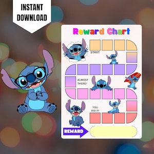 May include: A printable reward chart featuring Stitch from Lilo & Stitch. The chart has a game board design with squares to color in as a child completes tasks. The chart says "Reward Chart" at the top and "Reward" at the bottom.