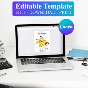 May include: A laptop screen displaying a customizable invitation template for a birthday party. The template features a cartoon image of Pikachu, a popular character from the Pokemon franchise. The text on the invitation reads "Jackson is turning 5". The invitation is designed using Canva, a popular online design platform.