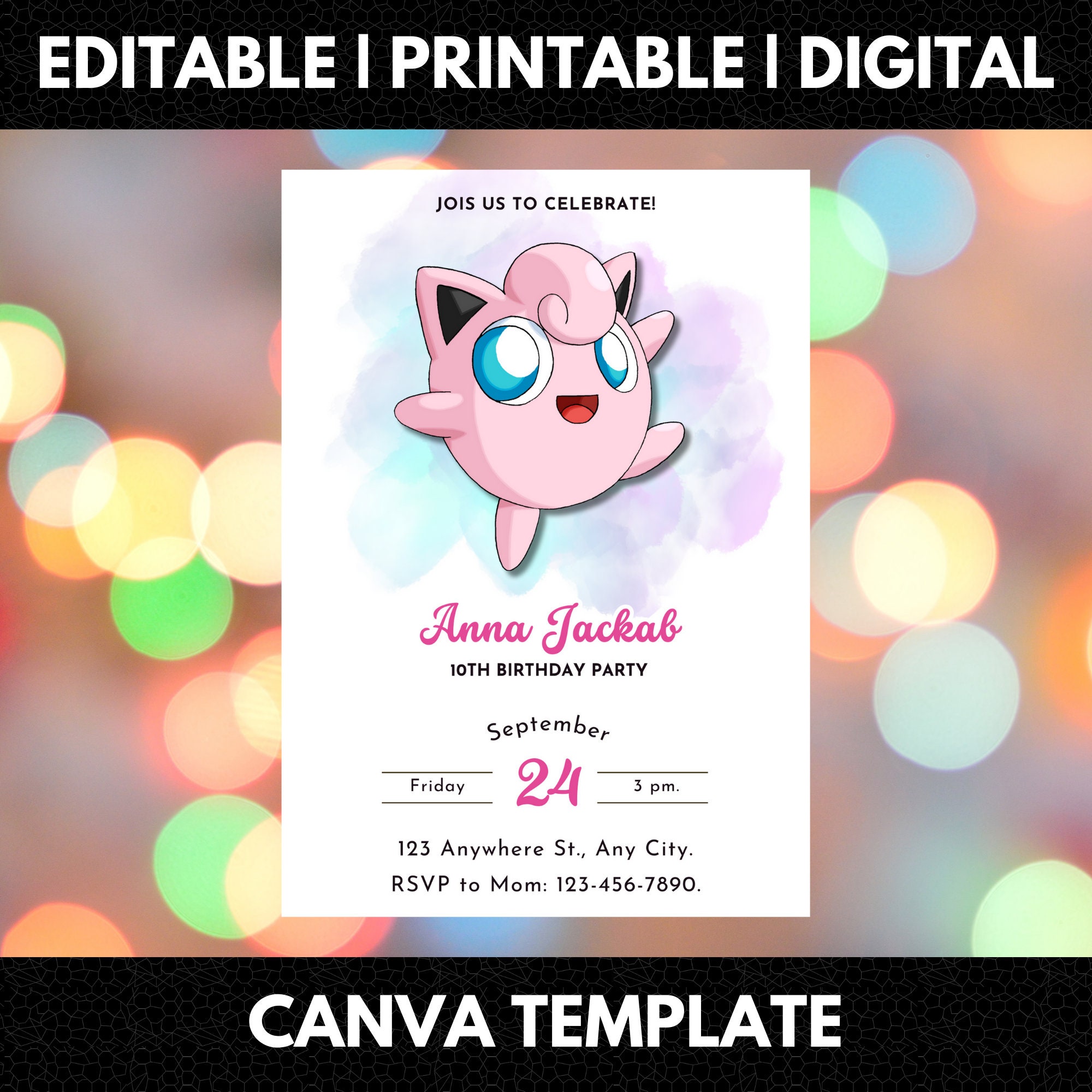 Editable Jigglypuff Birthday Invitation, Printable Jigglypuff Invite