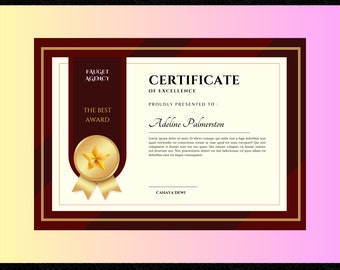 Editable Certificate of Excellence, Excellence Certificate, Digital Downloads, Printable Templates, Unique Designs Template