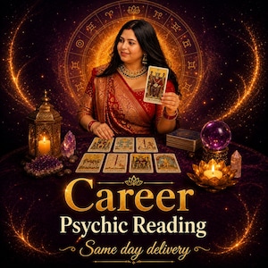 May include: A tarot card reading setup featuring a person in a red sari holding The Emperor card. The table displays multiple tarot cards, a lit lantern, a purple crystal ball, a lotus candle holder, and the text Career Psychic Reading Same day delivery.