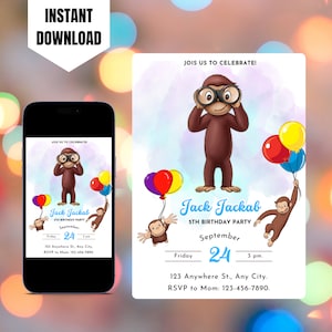 Invito di compleanno Curious George modificabile, invito stampabile Curious George, modello di invito digitale Curious George, compleanno per bambini