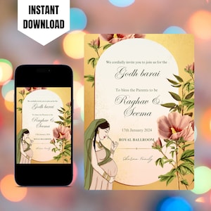 Indian Baby Shower Invite, Seemantham, Valaikappu, Godh Bharai Invitation Canva Digital Template