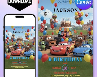 Lightning McQueen Einladungskarte | Autos Party Canva Vorlage | Bearbeitbare digitale Einladung | Thema Autos