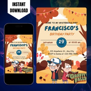 Bewerkbare Gravity Falls verjaardagsuitnodiging, afdrukbare Gravity Falls verjaardagsuitnodiging, digitale Gravity Falls uitnodiging Canva-sjabloon
