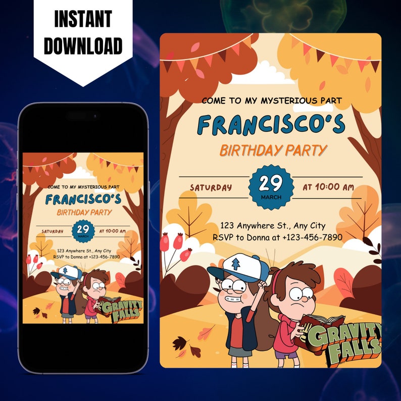 Editable Gravity Falls Birthday Invitation, Printable Gravity Falls