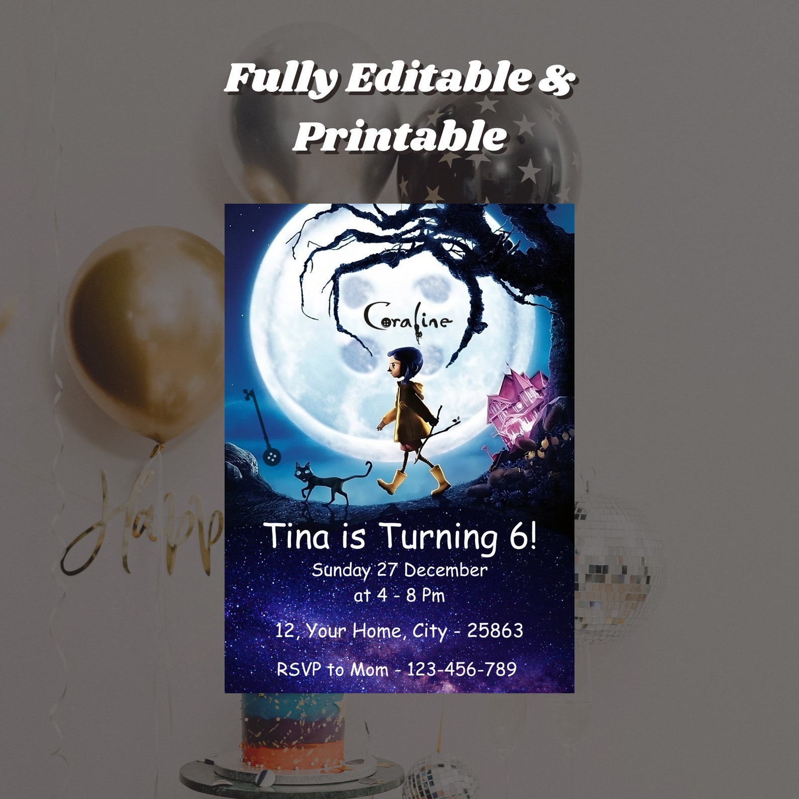 Editable Coraline Invitation Canva, Printable Coraline Birthday