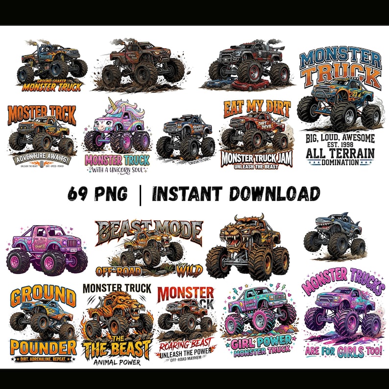 Monster Trucks PNG, Monster Jam Png, Girls Boys T-Shirt Design, Kids Truck Clipart, Off Road Vehicle Digital Download image 1