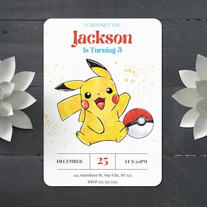 May include: A birthday invitation featuring a cartoon Pikachu holding a Pok&eacute; Ball. The invitation is for Jackson's 5th birthday party on December 25th at 8:30 PM. The address is 123 Anywhere St, Any City, ST 123. The RSVP number is 555 555 5555.