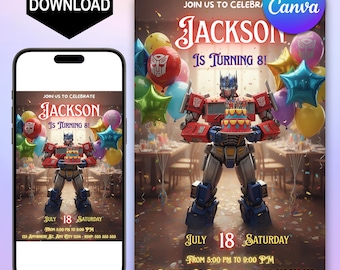 Convite de aniversário do Optimus Prime: Festa Transformers, Modelo editável no Canva