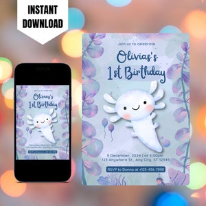 Editable Axolotl Invite, Printable Axolotl Birthday Invitation Template, Digital Axolotl Birthday Party Invite, Kids Birthday Invitation
