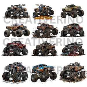 May include: Nine illustrations of monster trucks in various colors, including orange, blue, and green. Each truck has large tires and is depicted in a dynamic, action-oriented style. Some trucks have text like "BEAST" and "THUNDER CRUSHER".