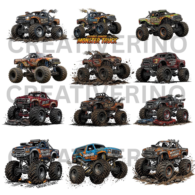 May include: Nine illustrations of monster trucks in various colors, including orange, blue, and green. Each truck has large tires and is depicted in a dynamic, action-oriented style. Some trucks have text like "BEAST" and "THUNDER CRUSHER".
