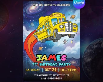 Magic School Bus Birthday Invitation, Editable Printable School Party Invite Canva Template