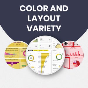 May include: A graphic with the text "COLOR AND LAYOUT VARIETY" in white letters on a dark blue background. The image contains three circular charts with data analysis, including sales figures and ratings, displayed in various colors.