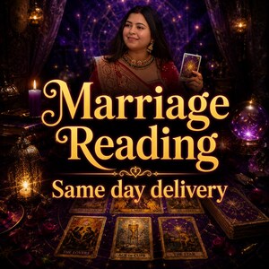 May include: A digital graphic featuring the text Marriage Reading and Same day delivery in gold font. The image displays a person holding a tarot card, surrounded by a purple-toned scene with candles, a crystal ball, and tarot cards on a table.