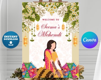 Editable Mehndi Sign, Printable Wedding Welcome Sign, Digital Mehendi sign, Mehndi Welcome Sign, Mehndi Decor Sign, Mehndi Designs Template