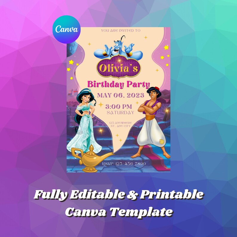 Editable Jasmine & Aladdin Birthday Invitation Template, Printable