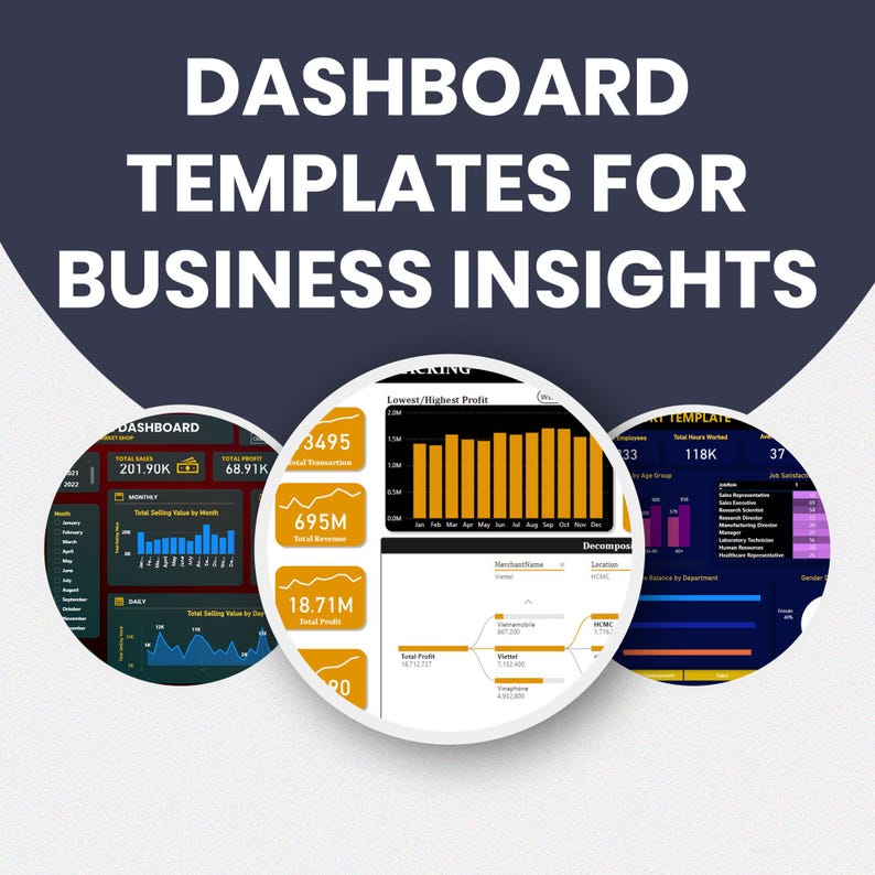 May include: Image of a dark blue graphic with the text "DASHBOARD TEMPLATES FOR BUSINESS INSIGHTS." Three circular graphics display data visualizations, including bar graphs and charts, showcasing business metrics and financial data.