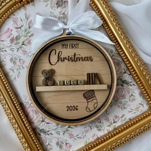 Personalized Baby’s First Christmas Ornament, Wooden Name Block Keepsake, Custom Enrgraved Baby First