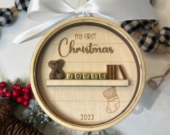 Personalized baby's first Christmas ornament custom name block ornament with bookshelf and teddy bear