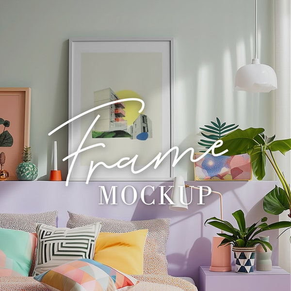 Bedroom frame mock up psd, digital download, pastel purple dopamine home interior, minimalist single thin white frame poster wall art mockup