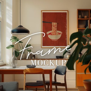 Küchenrahmen PSD Mockup jpeg Download, Esszimmer neutrales sonnendurchflutetes Wohnambiente, minimalistisches Eichenholzrahmen Poster Wandkunst Bild 1