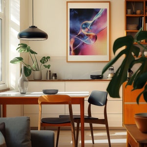 A cosy corner of a neutral wood kitchen with sunlight streaming in. A large framed artwork in on the wall