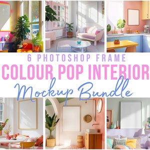 May include: Six colorful interior design mockups featuring empty picture frames in various rooms. The rooms are decorated in a modern style with pops of color, including pink, yellow, blue, and green. The frames are perfect for showcasing artwork, photos, or other decorative elements.
